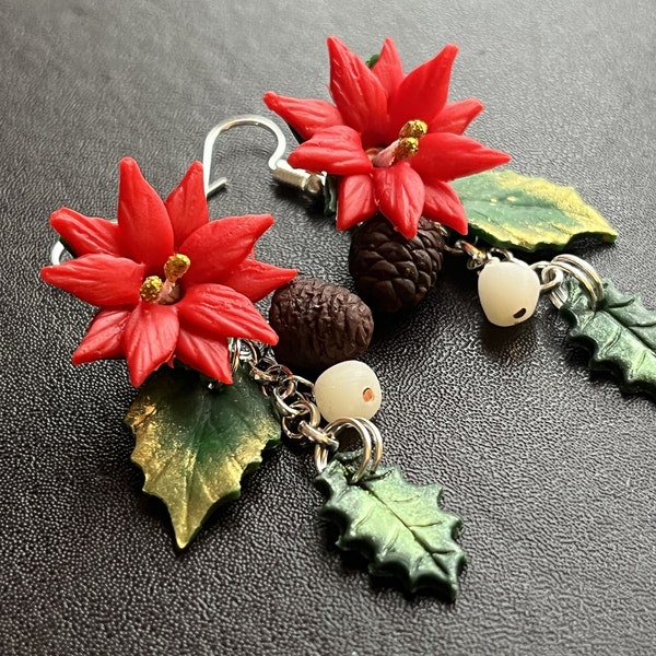 Poinsettia Earrings, Holly, Mistletoe berries, Pine needles and Pinecones Handmade, polymer clay,  Optional clip ons, Sterling silver