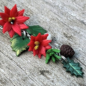 Poinsettia pendant necklace, Holly, Mistletoe berries, Pine needles and Pinecones Handmade, polymer clay