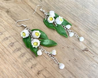 Boucles d'oreilles muguet, longues, faites main, argile polymère, argent sterling et clips disponibles