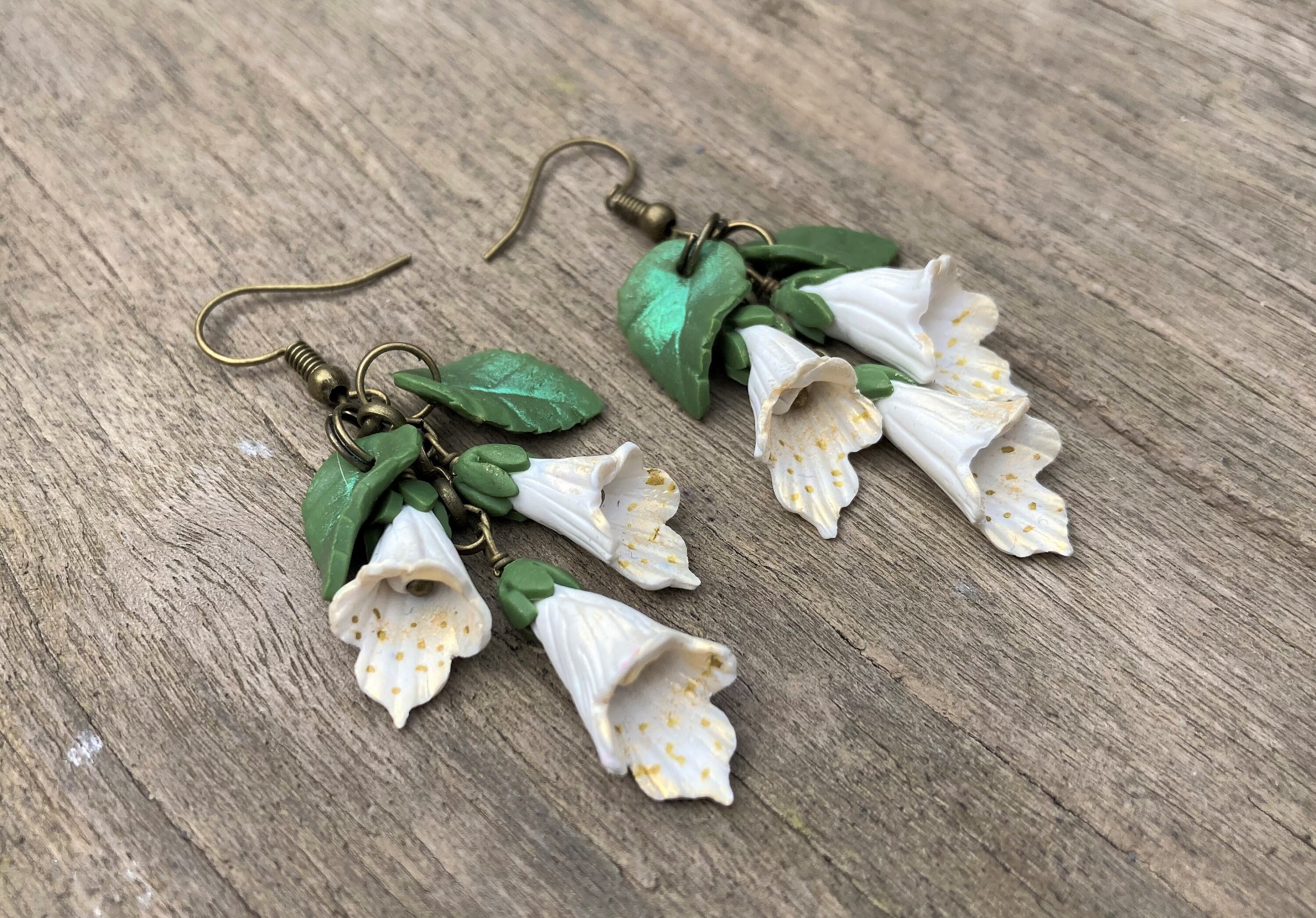 White Foxglove earrings, dangle, handmade, polymer clay, boho, Sterling Silver, Clip ons