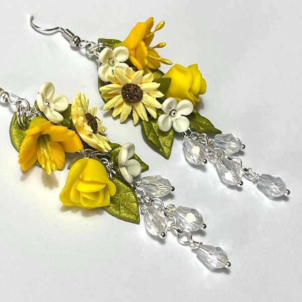 Pendientes de lirio, rosa y margarita, hechos a mano, amarillo veraniego, largos, con opción de cierre de clip, plata de ley.