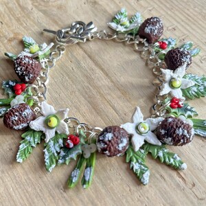Mistletoe, Holly and Snow rose charm bracelet - Christmas, Boho, Handmade, Yule, Xmas