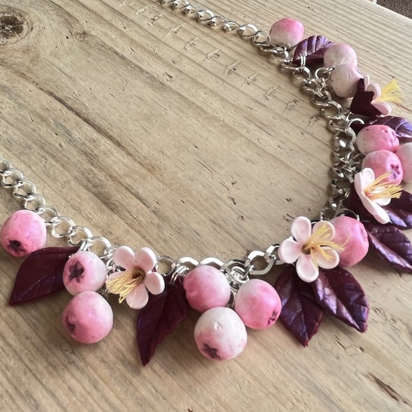 Rowan berry pink summer necklace - handmade - polymer clay