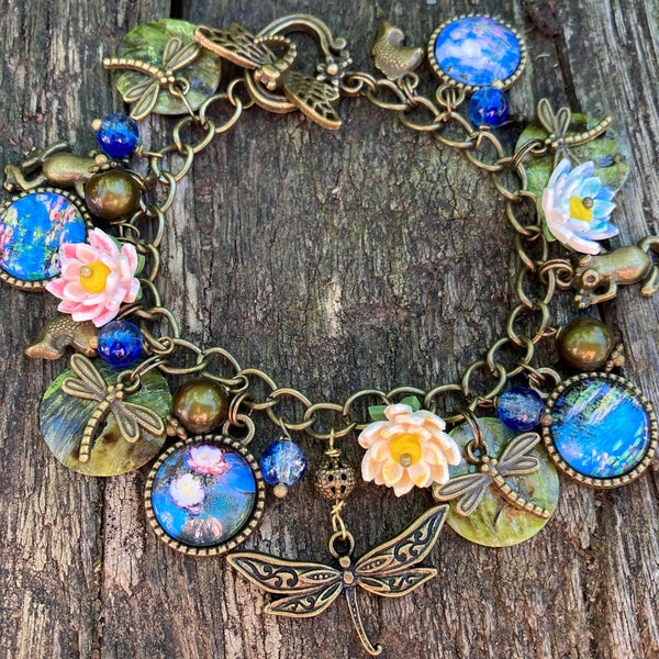 Dragonfly & Waterlily bracelet with Monet prints handmade, Monet bracelet, Lily lotus bracelet