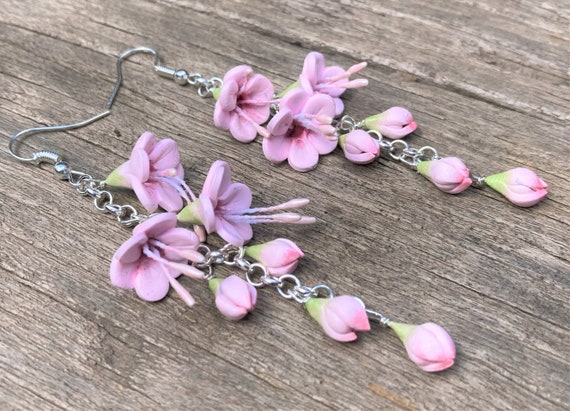Freesia Earrings Pink Flower Sterling Silver Handmade Clip