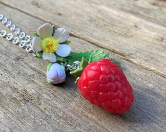 Raspberry long necklace, handmade, polymer clay