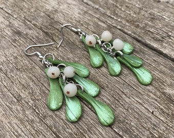 Mistletoe earrings, handmade, Sterling silver, Christmas, dangle, polymer clay, clip on