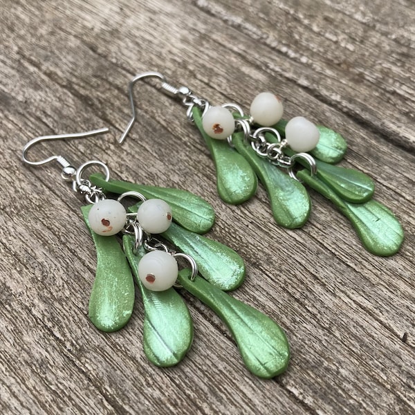Mistletoe earrings, handmade, Sterling silver, Christmas, dangle, polymer clay, clip on