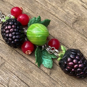 Blackberry, Gooseberry and red currant long necklace, handmade, polymer clay, summer necklace