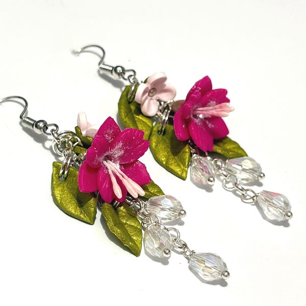 lily earrings, handmade, pink, sterling silver or clip on options