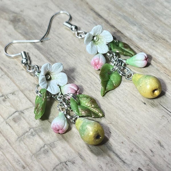 Pear and blossom earrings, handmade, long, Sterling Silver or clip ons available