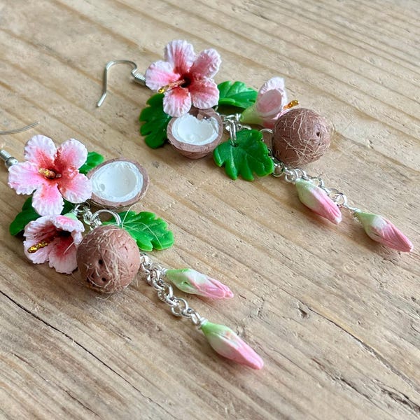 Coconut and Hibiscus tropical earrings, Pink, long,  handmade, Sterling Silver or clip ons available
