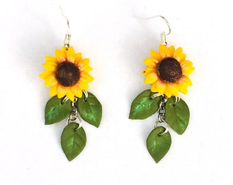 Pendientes de girasol hechos a mano en arcilla polimérica, plata de ley, joyería floral