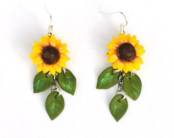 Sunflower earrings handmade, Van Gogh sunflower earrings, Sterling silver Sunflower earrings, Christmas gift