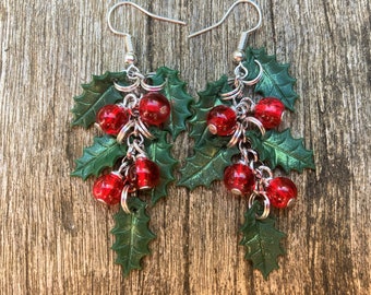 Holly earrings, handmade, Sterling silver, Christmas, dangle, polymer clay, clip on