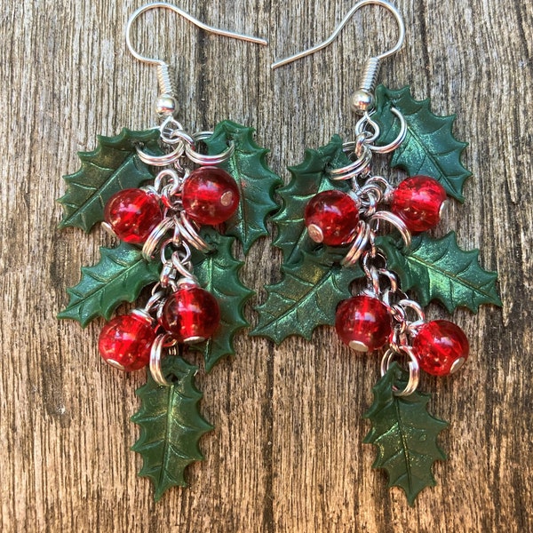 Holly earrings, handmade, Sterling silver, Christmas, dangle, polymer clay, clip on