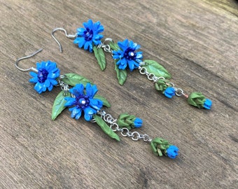 Cornflower earrings, long, handmade, Sterling silver and clip ons available