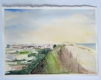 Original Watercolor Coastal Landscape Painting: Cornish Beach Dunes Art