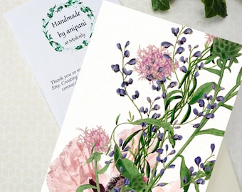 Handmade card with custom greeting, botanical art card with personalisation,