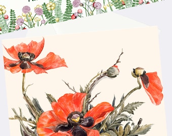 Poppies card with custom option, personalized floral handmade card