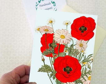 Handmade customised greetings card from original artwork of poppies with daisies.