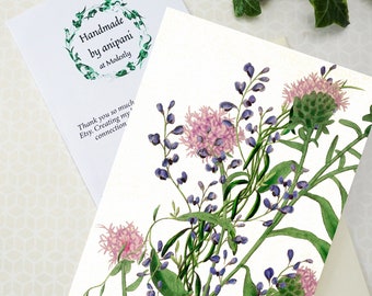 Handmade card with custom greeting, botanical art card with personalisation