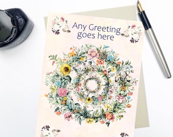 Floral greetings card with custom text, blank greetings card with personalized text.