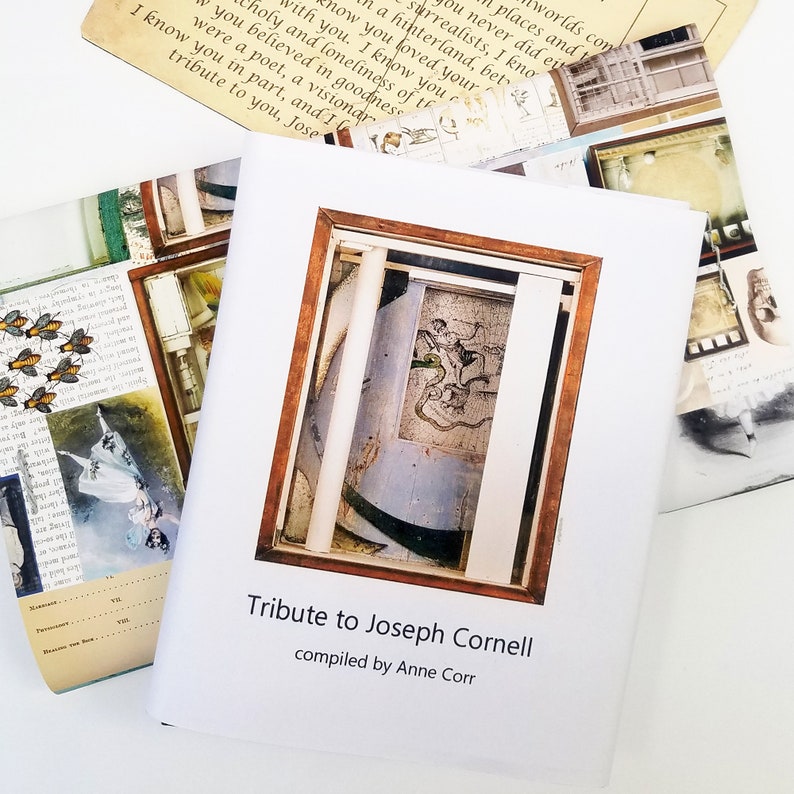 Photo of a handmade artist book 'Tribute to Joseph Cornell'  in a protective slip cover against a complementary gift wallet to protect it during transit.