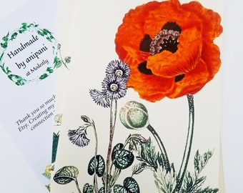 Personalized greetings card with poppies from original artwork, handmade artist greeting card