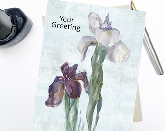 Iris Watercolour Floral Greeting Card,  personalized card,