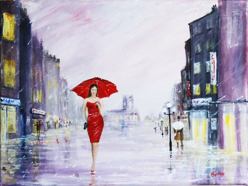 Original Painting Girl Red Umbrella In Rain Fashion Art Acrylic Canvas Jim Gillon