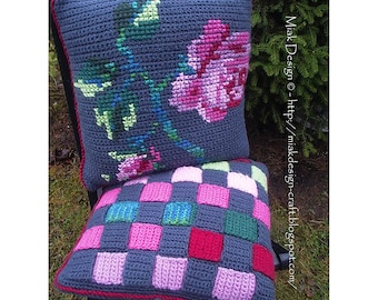 Crochet cushion covers with Rose embroidery and Weaved stripes-Instant Download PDF Pattern