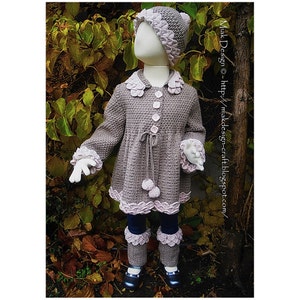 May include: A crocheted brown and pink coat with a matching hat and leg warmers. The coat has a button closure, a tie at the waist, and a ruffled trim. The hat has a flower design. The leg warmers have a ruffled trim.