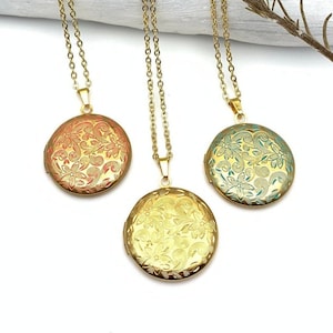 Gold Floral Photo Locket Necklace Round Engraved Vintage Retro Style Patina Custom Initial Personalized