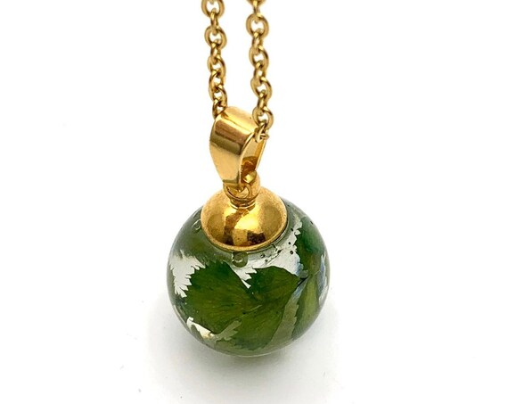 Leaves ball Necklace resin gold steel chain, botanical, terrarium