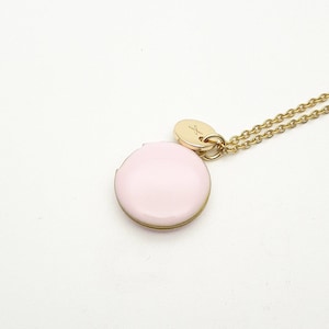 Personalized Photo Locket Necklace Soft pink Enamel Small Round with hypoallergenic gold steel chain