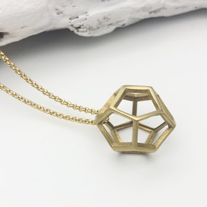 Geometric Dodecahedron Necklace: Gold-Plated Brass Pendant, Stainless Steel Chain