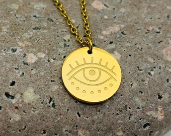 Collier Oeil médaille ronde plaquée or 18k sur acier inoxydable