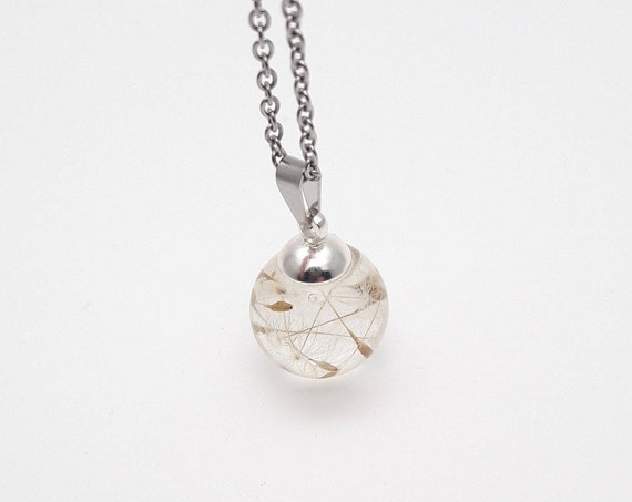 Necklace Small ball dandelion seeds resin silver chain//Handmade botanical terrarium wish sphere