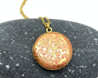 Red Gold Floral Photo Locket Necklace Round Engraved Vintage Retro Style Patina Custom Initial Personalized