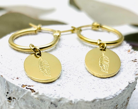Feather Earrings Hoops 14k gold plated stainless steel