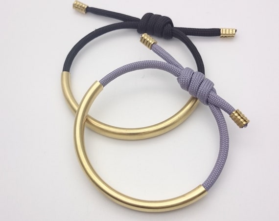 Rope Bracelet Black or Grey adjustable gold raw brass tube