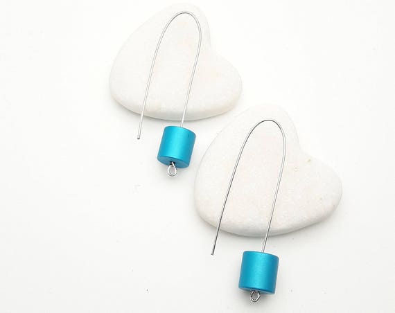Cylinder Earrings//Long Silver Blue Geometric Earrings//Aluminium anodized tube earrings steel earwires//Modern Minimalist Dangle 3D