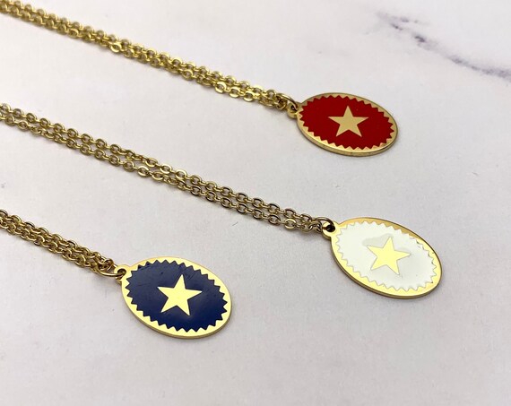 Star Necklace Oval Medal Color Enamel Gold Stainless Steel