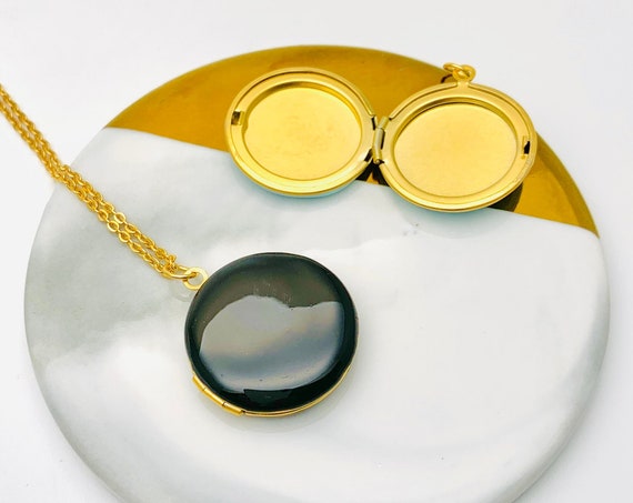 Big Round Photo Locket Black Enamel Necklace, gold surgical steel, personalized initial