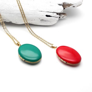 Oval Photo Locket Enamel Necklace, 14k gold plated on stainless steel, Green or Red Enamel