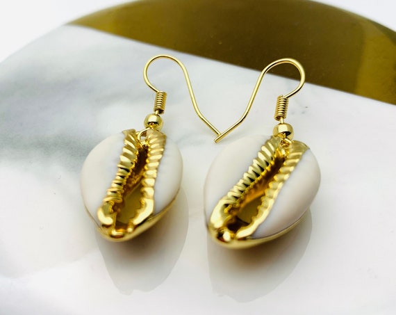 Gold Cowrie Shell Earrings, 18k gold plated