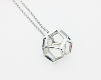 Collier geometrische 3D Dodecaèdre minimalistische silber Anhänger in Silber und lange Kette mit unoxidierbaren 18 mm