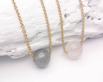 Necklace Rose Quartz or Cloudy Gray Quartz single bead, gold steel roll chain