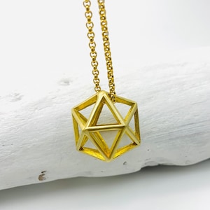 Gold Icosahedron Necklace: Raw Brass Geometric Pendant, Long Stainless Steel Chain